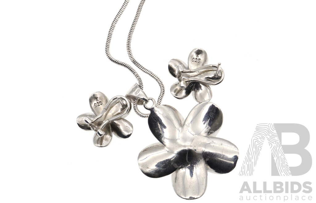 Sterling Silver Frangipani Flower Pendant and Earrings Set with CZ Stones, as New, 13.51 Grams