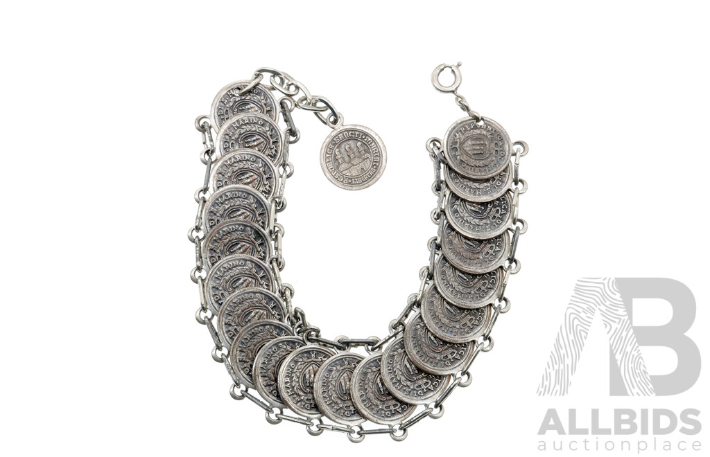 Sterling Silver Republic De S Marino Coin Bracelet, 20cm-23cm, 36.90 Grams