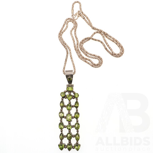 Sterling Silver Large Bezel Set Peridot Cluster Pendant, 22.22 Grams on Silver Fancy Link Chain, 65cm