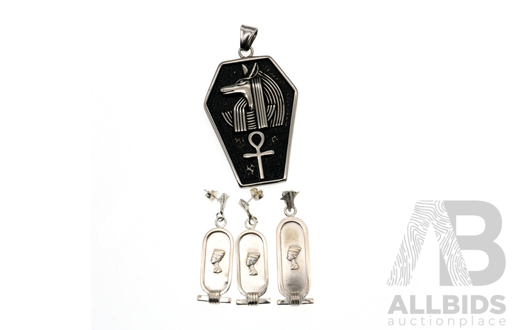 Sterling Silver Nefertiti Bust Cartouche Style Pendant & Matching Earrings Set with Egyptian Hallmarks, 11.07 Grams with S.Steel Anubis Pendant