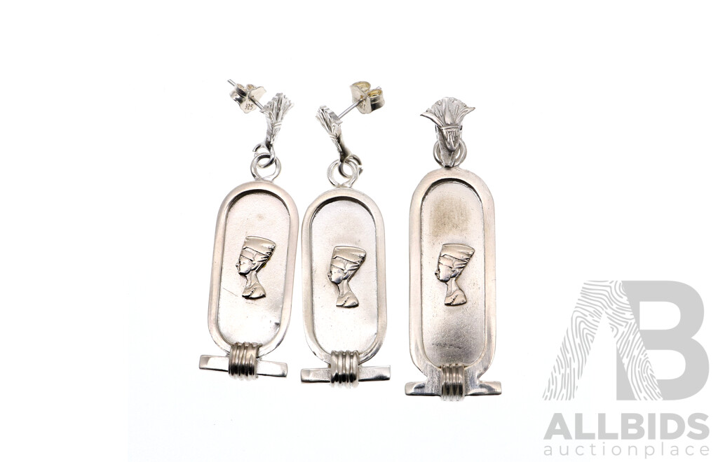 Sterling Silver Nefertiti Bust Cartouche Style Pendant & Matching Earrings Set with Egyptian Hallmarks, 11.07 Grams with S.Steel Anubis Pendant