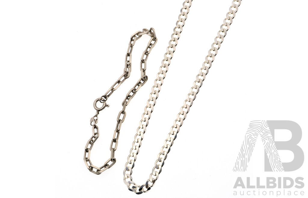 Sterling Silver Flat Curb Link Chain, as New, 45cm with Sterling Silver Oval Belcher Link Bracelet, 19cm, 20.28 Grams