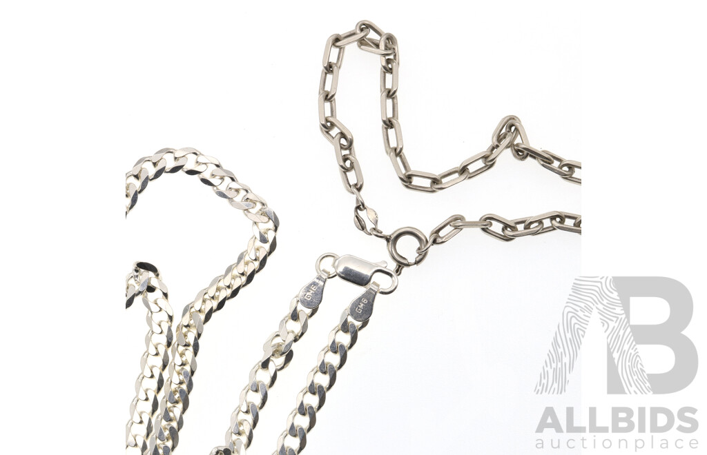 Sterling Silver Flat Curb Link Chain, as New, 45cm with Sterling Silver Oval Belcher Link Bracelet, 19cm, 20.28 Grams