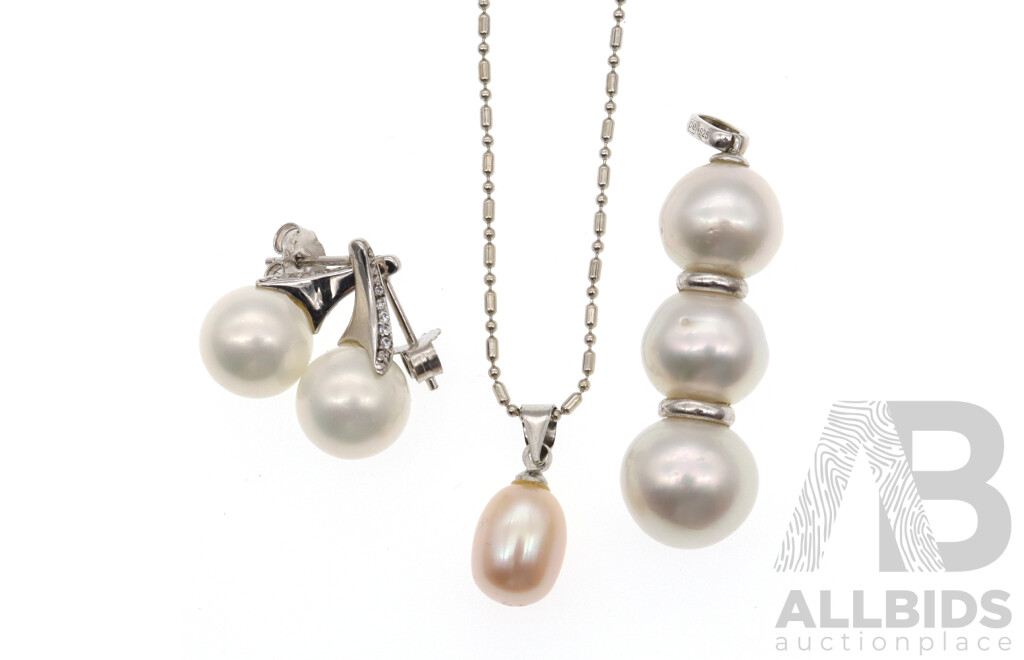 Sterling Silver Cultured (3) Pearl Drop Pendant with 925 Faux Pearl Studs and 18KGP FW Cultured Pearl Pendant on Chain