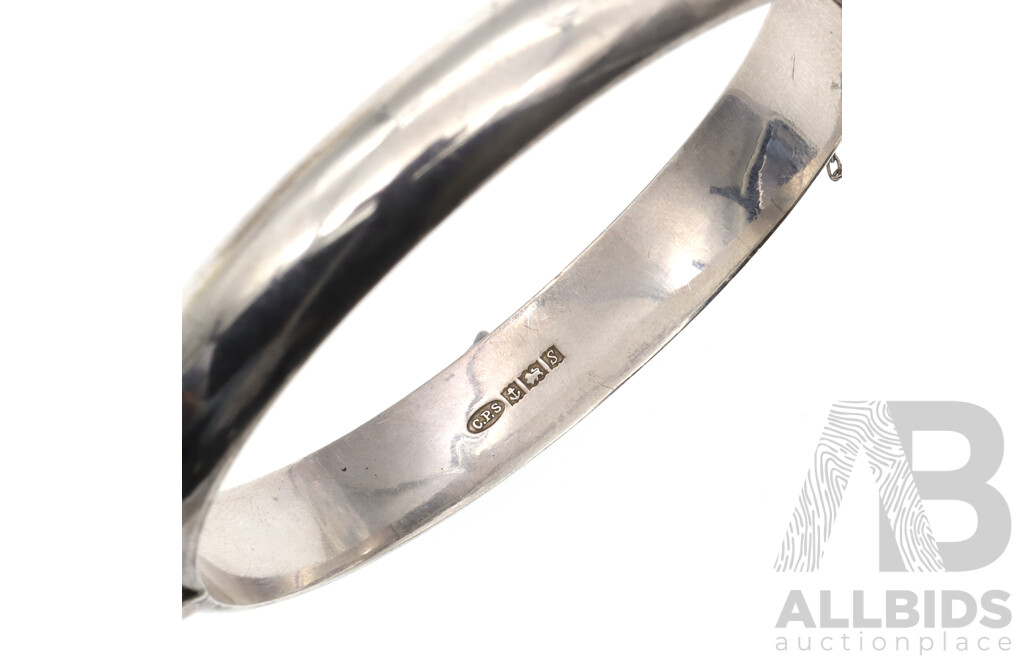 Sterling Silver HMSS Hinged Bangle 10mm, 62mm Diameter, with HMSS Bangle 30mm Wide, 55mm Diameter, 57.15 Grams