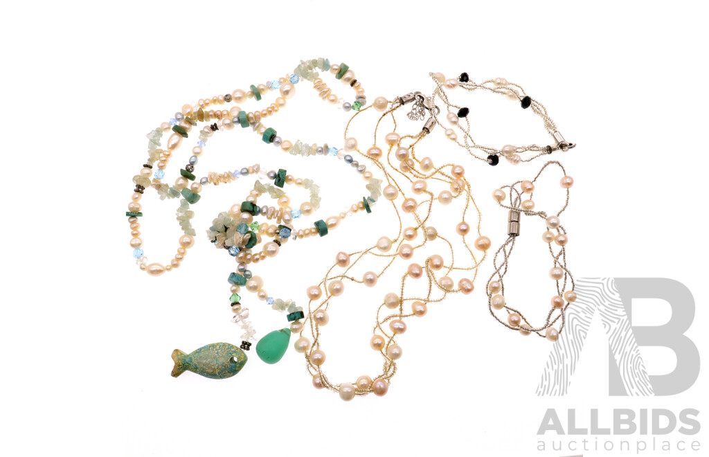 Collection of Freshwater Cultured Pearl & Natural Gemstone (2) Necklaces and (2) Bracelets Including Lariat Style Necklace with Hand Carved Fish Pendant