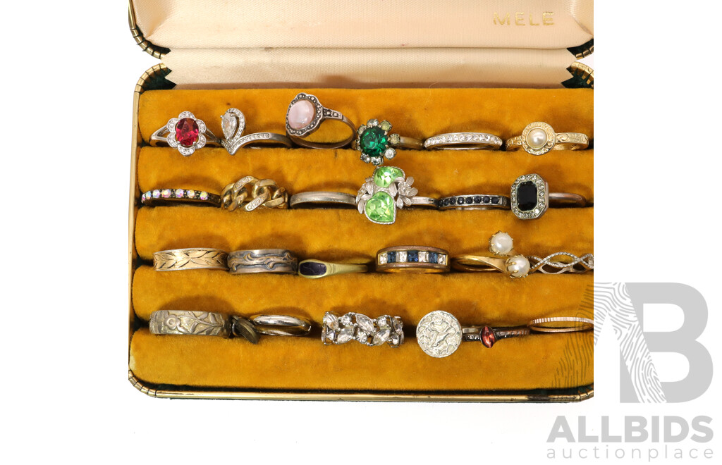 Fabulous Collection of Vintage Costume Rings in Vintage Ring Display Box, Sizes K-U