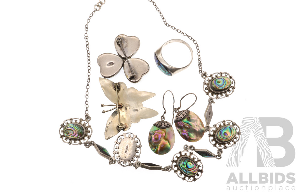 Collection of Vintage Sterling Silver Paua Shell Jewellery Including Necklace, Ring, Mexican Butterfly Brooch, Earrings & Clover Brooch, 41.13 Grams