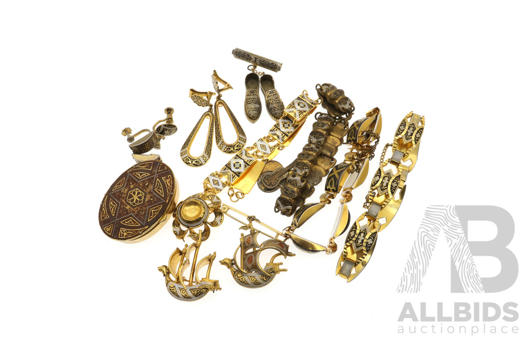 Toledo Damascene Amazing Vintage Jewellery Collection Including Bracelets, Brooches, Earrings & Pill Box