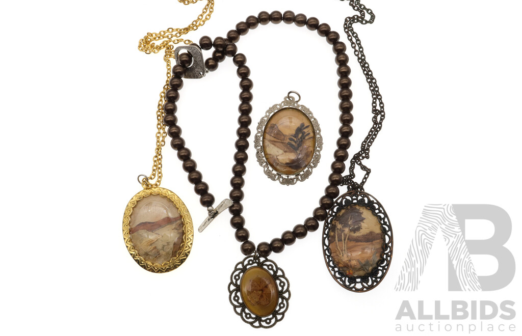 Stunning Collection of (4) Vintage 'Art in Bark' Pendants Created by Hand From Melaleuca Trees and Other Natural Materials