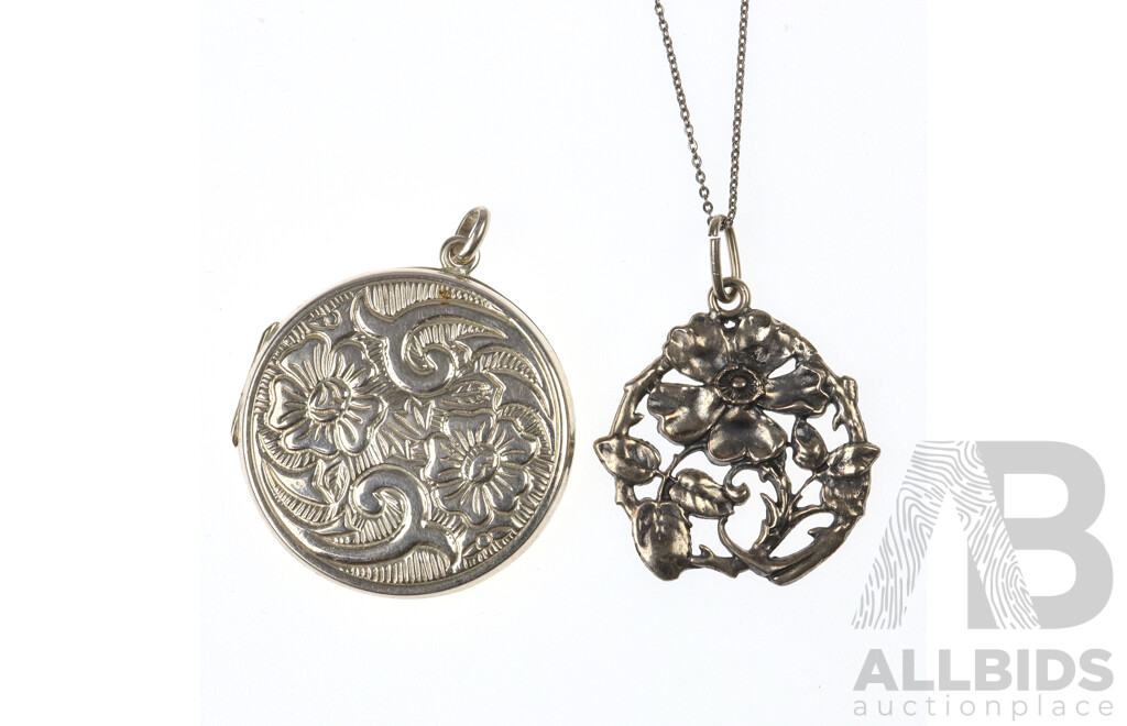 Sterling Silver Vintage Embossed 35mm Locket and Floral Pendant on Chain, 16.56 Grams