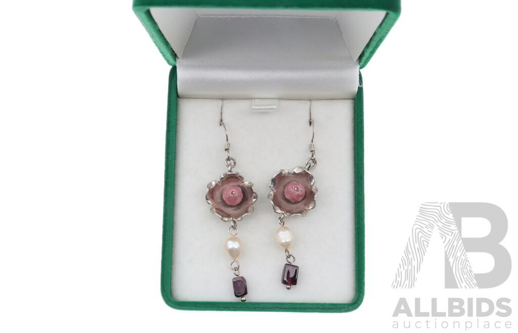 Sterling Silver Vintage Natural Gemstone (3) Earrings with Rose Quartz, Garnet, FW Pearl, Turqouise and Citrines, 15.88 Grams