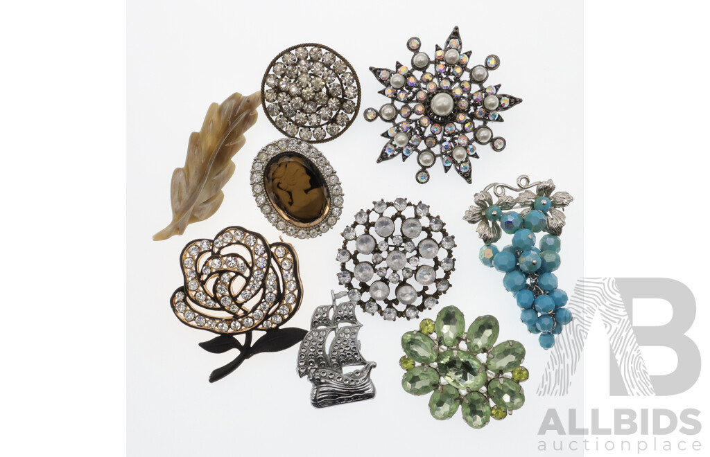 Collection of (9) Interesting Vintage Brooches with Paste Stones