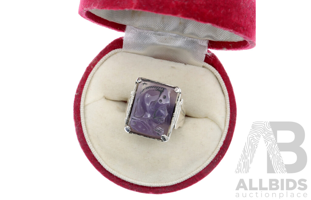 Sterling Silver Vintage Pale Amethyst Intaglio Ring, Size K, 7.44 Grams