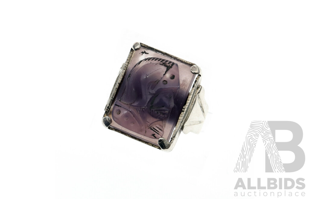 Sterling Silver Vintage Pale Amethyst Intaglio Ring, Size K, 7.44 Grams