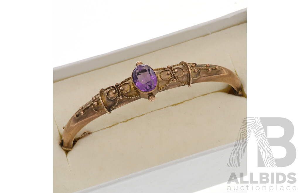 Antique 9ct Edwardian Hinged Bangle with 2.40ct Oval Cut Amethyst and Safety Chain, 57mm, Birmingham Hallmarks 1906, 7.47 Gams