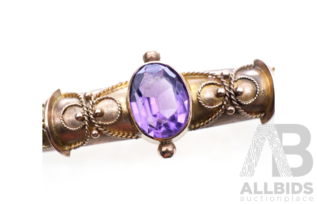 Antique 9ct Edwardian Hinged Bangle with 2.40ct Oval Cut Amethyst and Safety Chain, 57mm, Birmingham Hallmarks 1906, 7.47 Gams