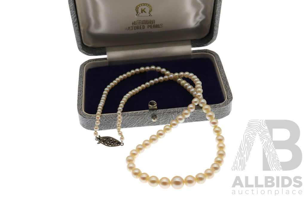 Graduated Cultured Pearl Necklace with Sterling Silver Marcasite Clasp, 40cm, Boxed 'Hitarmura Cultured Pearls, Japan'