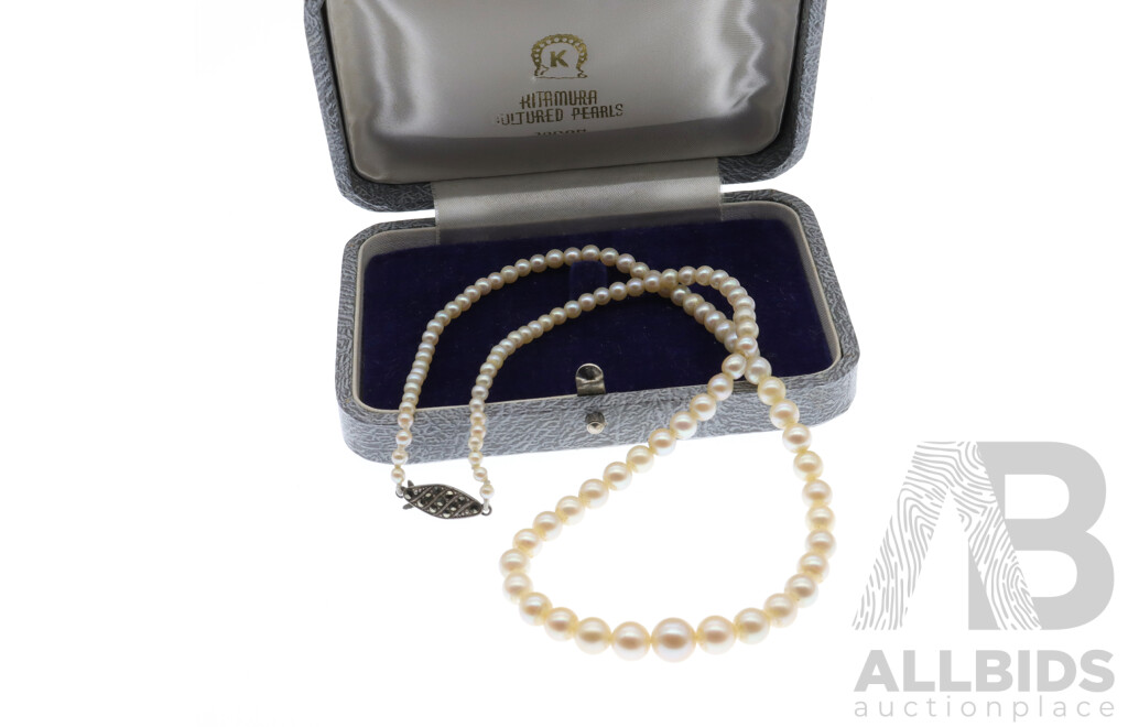 Graduated Cultured Pearl Necklace with Sterling Silver Marcasite Clasp, 40cm, Boxed 'Hitarmura Cultured Pearls, Japan'