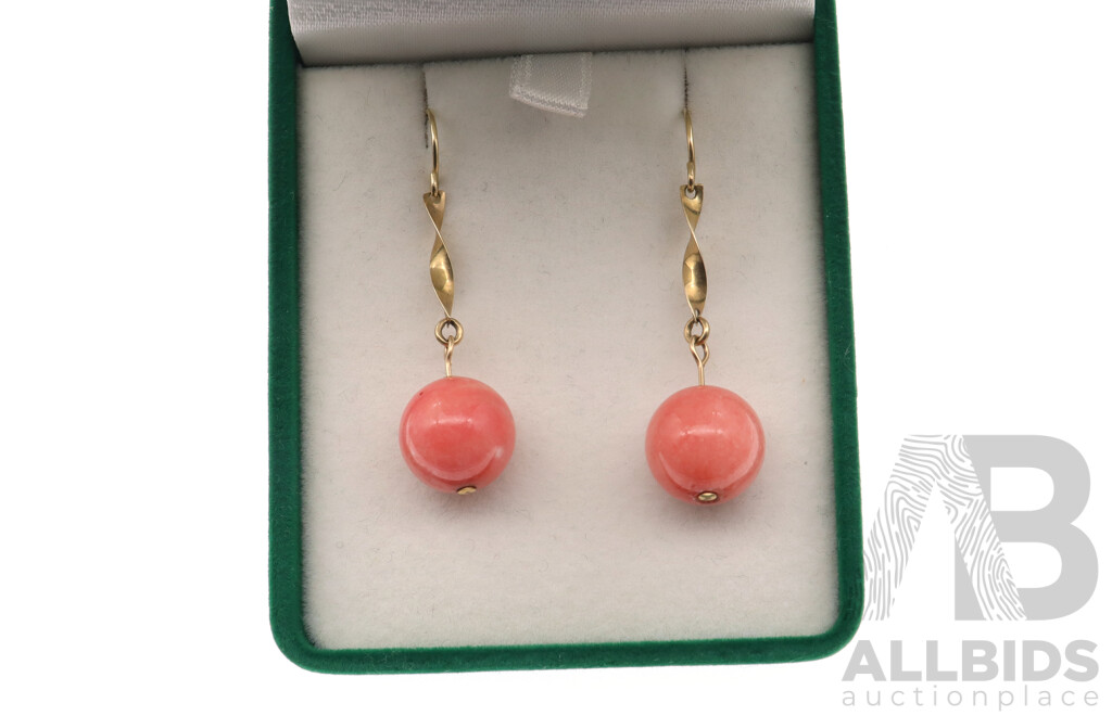 14ct Yellow Gold Coral Drop Earrings, 45mm, 6.06 Grams