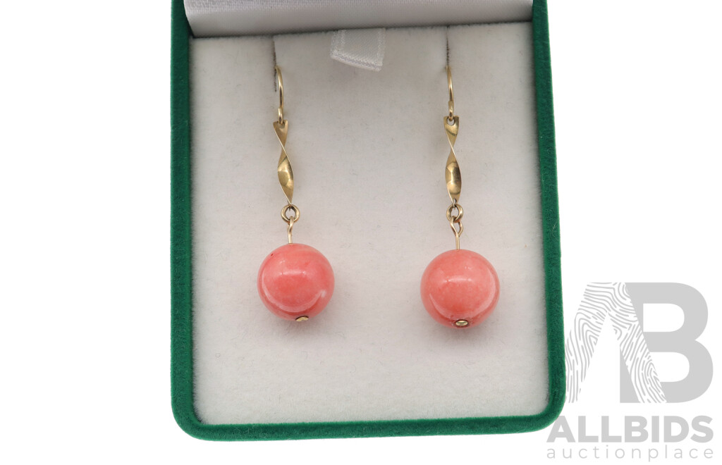 14ct Yellow Gold Coral Drop Earrings, 45mm, 6.06 Grams