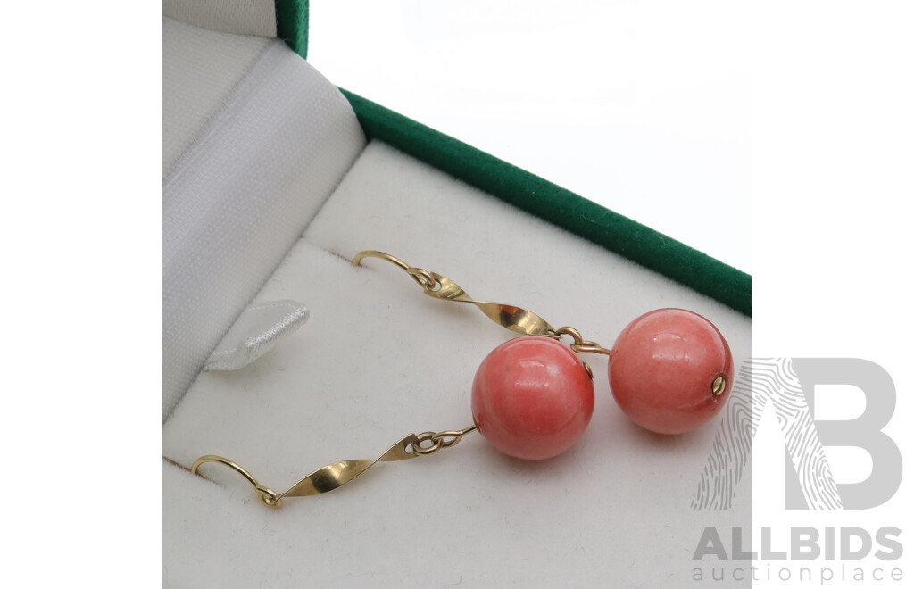 14ct Yellow Gold Coral Drop Earrings, 45mm, 6.06 Grams