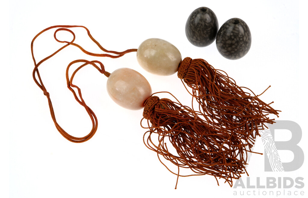 Large Egg Shaped (2) Quartz Beads on String with (2) Grey Agate Drilled Egg Shaped Beads