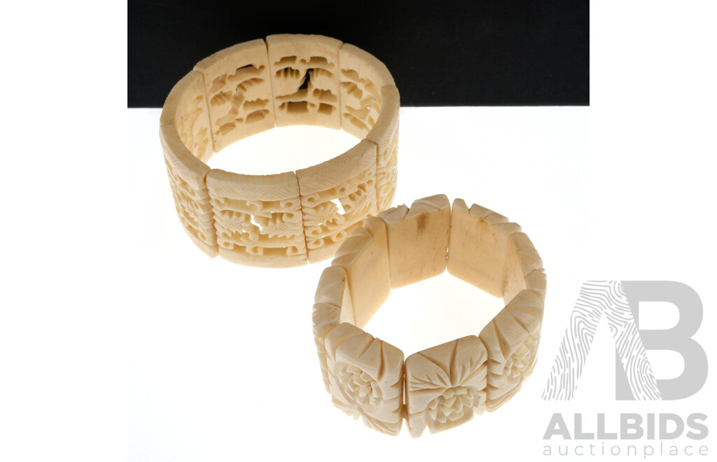 Vintage (2) Carved Bovine Bone Stretch Bracelets, Both to Suit a Smaller Wrist