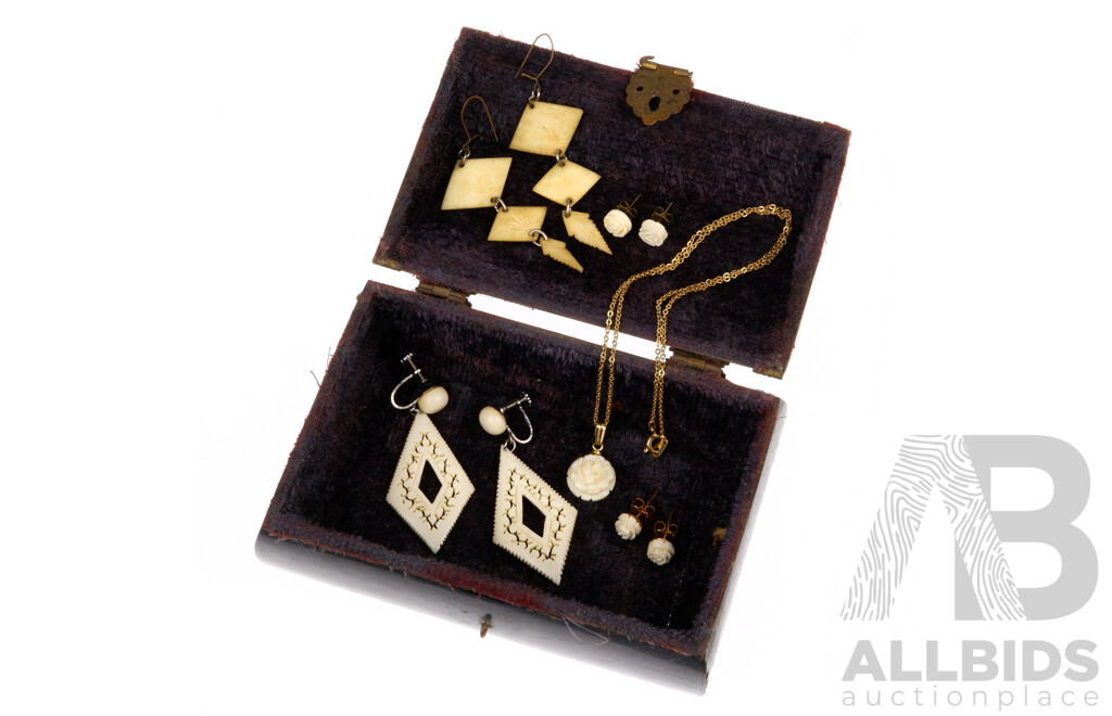 Collection of Vintage Ivory/bone Jewellery Items in a Vintage Wooden Trinket Box with Inlaid Mother of Pearl