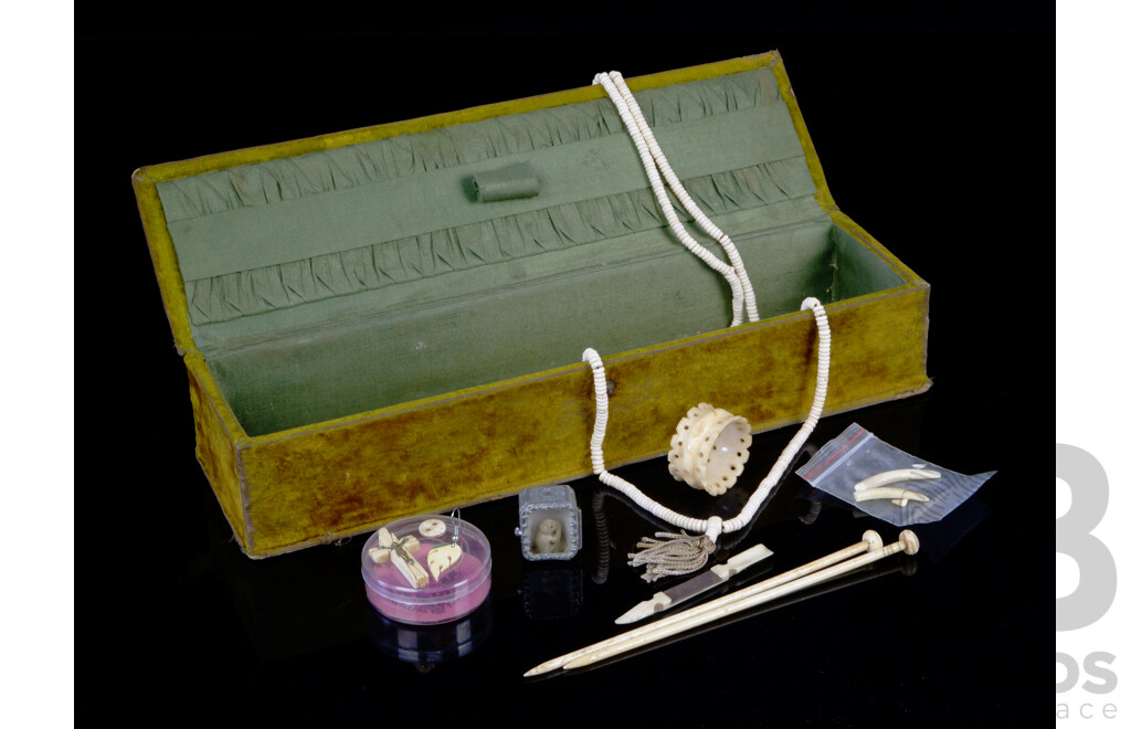 Antique Velvet Glove Box with Ivory Knitting Needles and Collection of Other Ivory Carved Items Including Prayer Beads