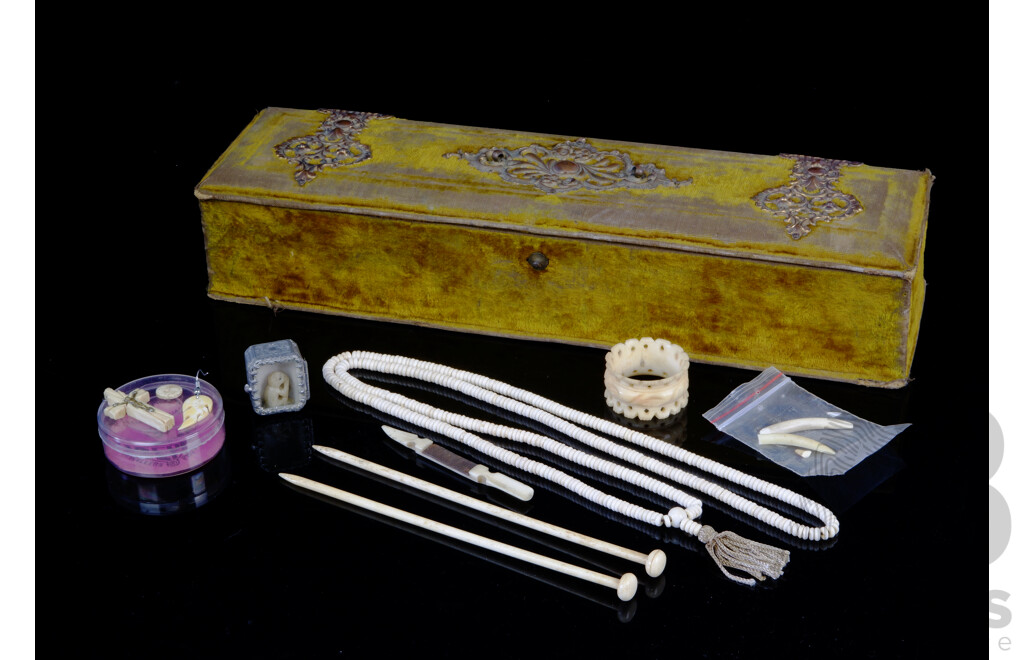 Antique Velvet Glove Box with Ivory Knitting Needles and Collection of Other Ivory Carved Items Including Prayer Beads