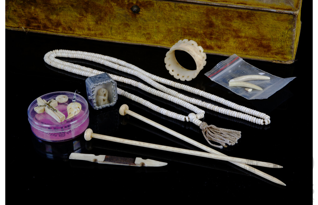 Antique Velvet Glove Box with Ivory Knitting Needles and Collection of Other Ivory Carved Items Including Prayer Beads