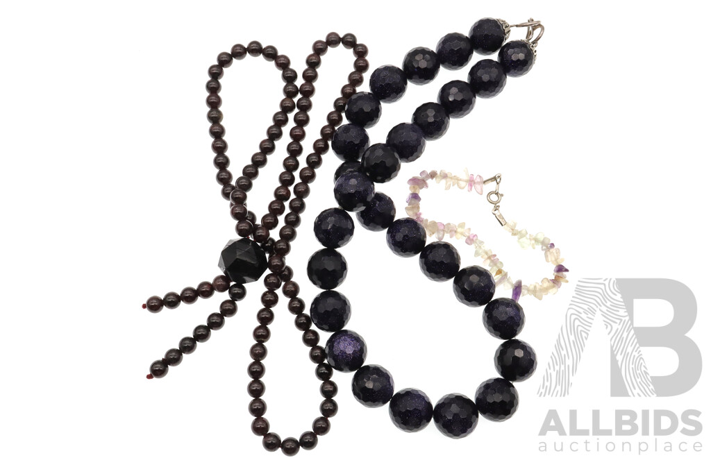 Natural Gemstone Beaded Necklaces with Goldstone and Garnets with Amethyst & Quartz Bracelet