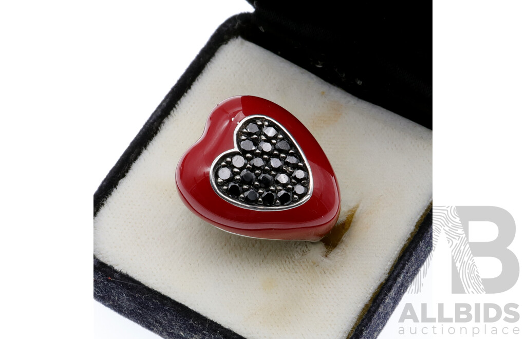 Najo Sterling Silver Red Enamel Heart Shaped Ring with Black Cz Stones, Size P, 11.62 Grams