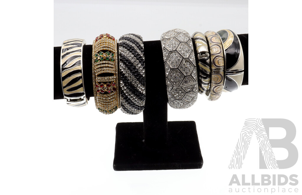 Fabulous Collection of (7) Statement Bangles with Paste Stones & Enamel Finish on a Black Velvet Display Stand