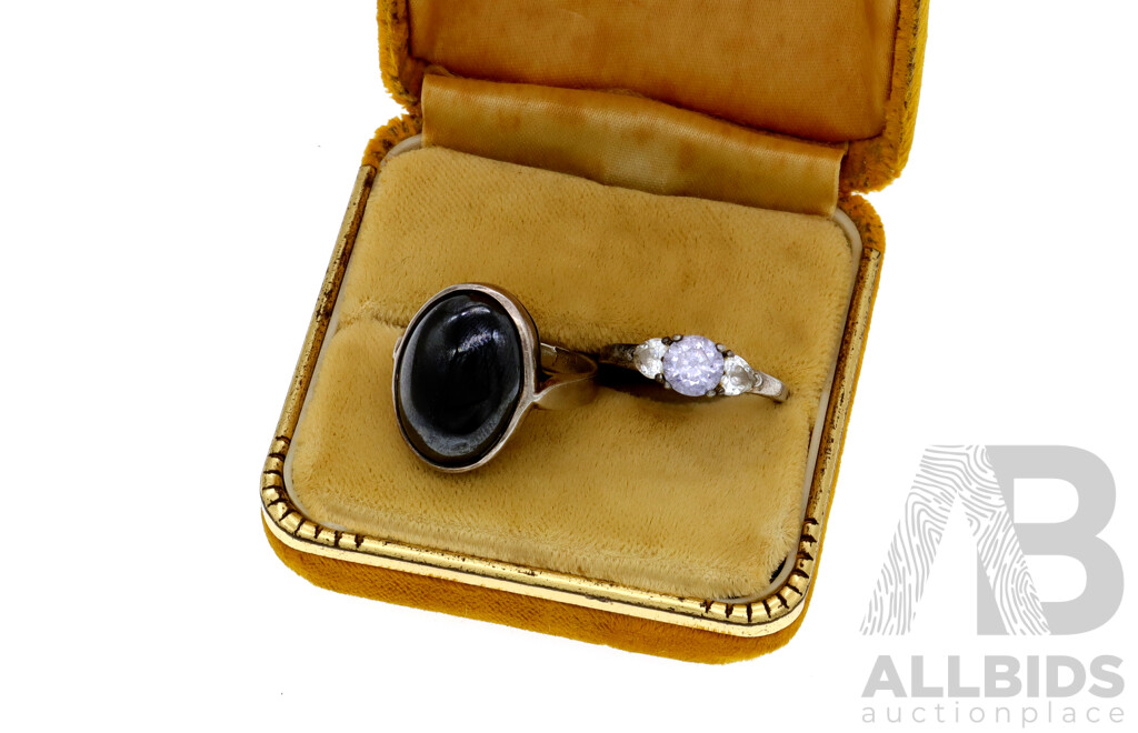 Sterling Silver Vintage Hematite Ring, Size N, 8.27 Grams with Vintage Cz Ring with Broken Shank