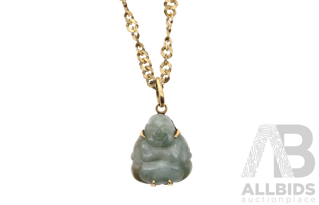 18ct Carved Jade Buddha Pendant on a 15ct Fancy Link Twist Chain, 45cm, 8.59 Grams