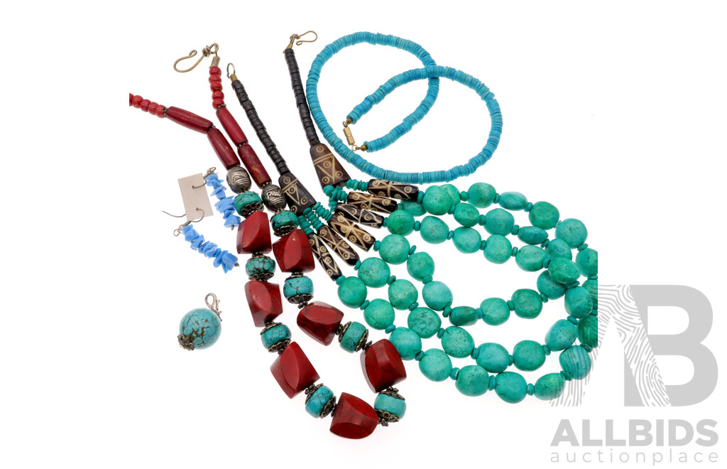 Collection of Vintage Turquoise/turquoise Howlite Jewellery Pieces Including Tribal Style Necklaces