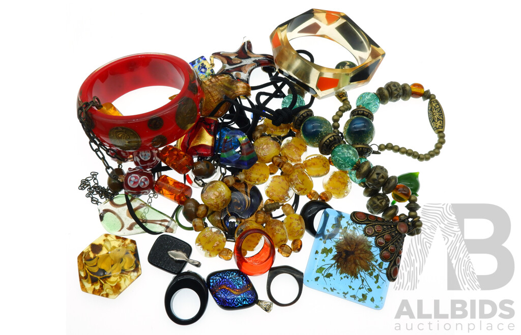 Collection of Resin and Art Glass Jewellery Including Bangle, Rings, Necklaces and Pendants