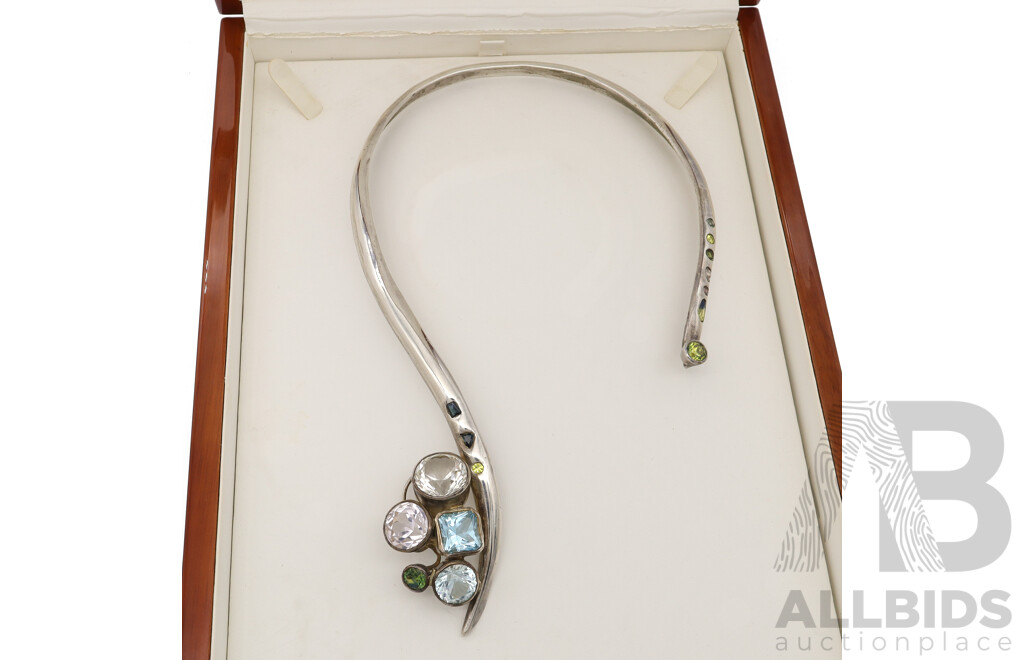 Contemporary One of a Kind Sterling Silver Handmade Open Colour Neck Piece with Gemstones, 154 Grams