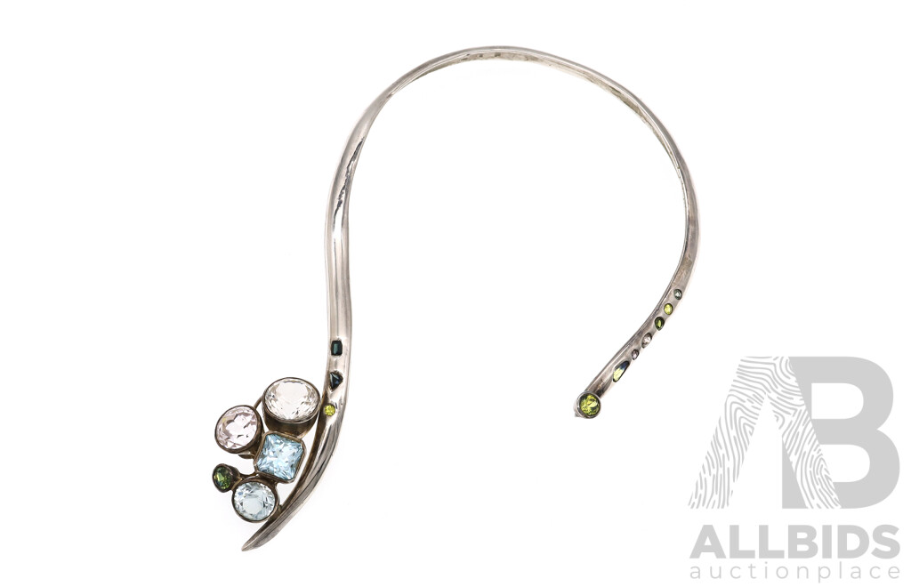 Contemporary One of a Kind Sterling Silver Handmade Open Colour Neck Piece with Gemstones, 154 Grams