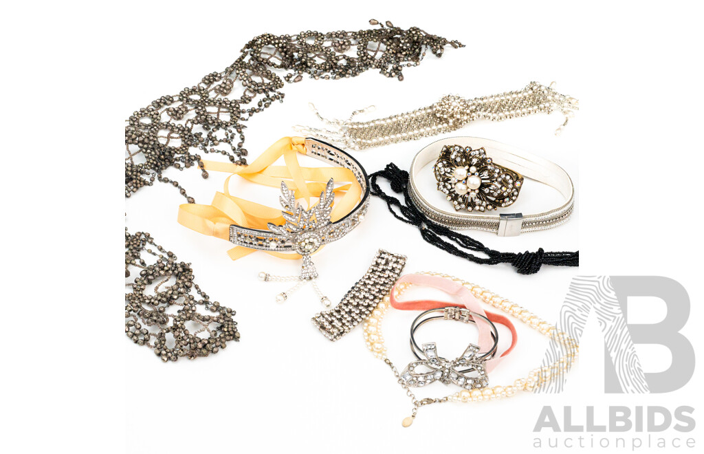 Vintage Collection of 1920's 'Great Gatsby' Flapper Pieces Including Headdress, Beaded Belt and Cuffs