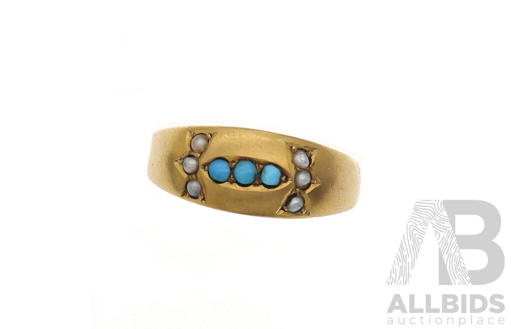 9ct Antique Turquoise & Seed Pearl Gypsy Ring, Size N, 1.45 Grams - Birmingham 1894