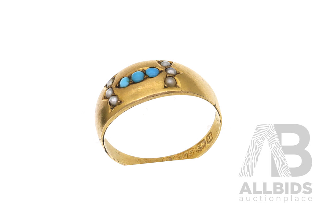 9ct Antique Turquoise & Seed Pearl Gypsy Ring, Size N, 1.45 Grams - Birmingham 1894