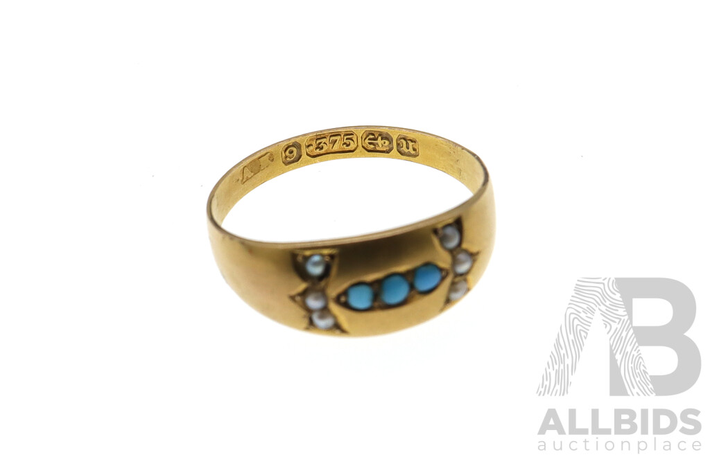 9ct Antique Turquoise & Seed Pearl Gypsy Ring, Size N, 1.45 Grams - Birmingham 1894