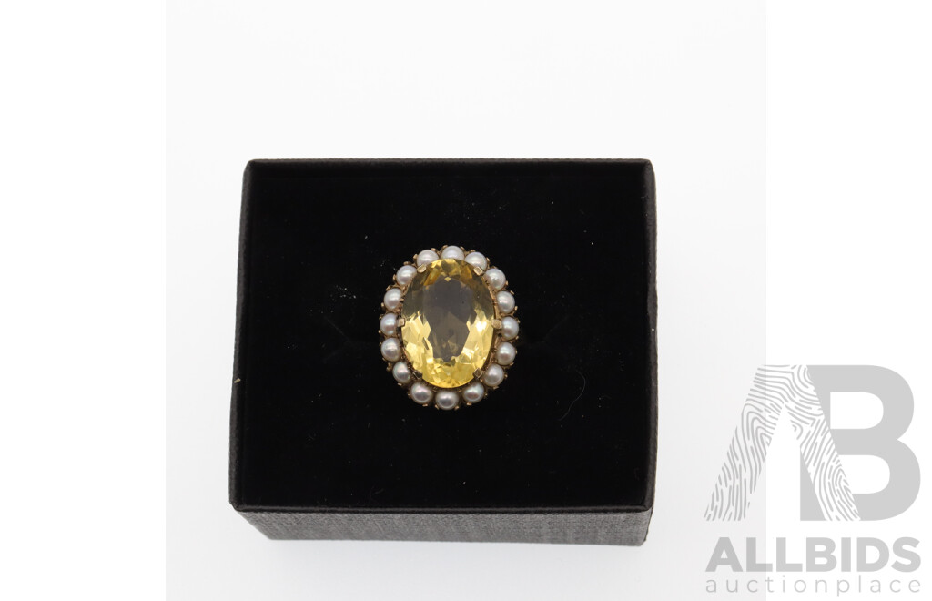 9ct Vintage 6.70ct Citrine & Pearl Cluster Ring, Size L, 5.89 Grams