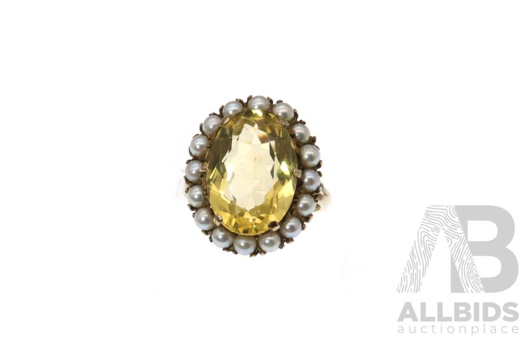 9ct Vintage 6.70ct Citrine & Pearl Cluster Ring, Size L, 5.89 Grams