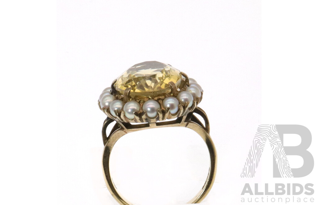 9ct Vintage 6.70ct Citrine & Pearl Cluster Ring, Size L, 5.89 Grams