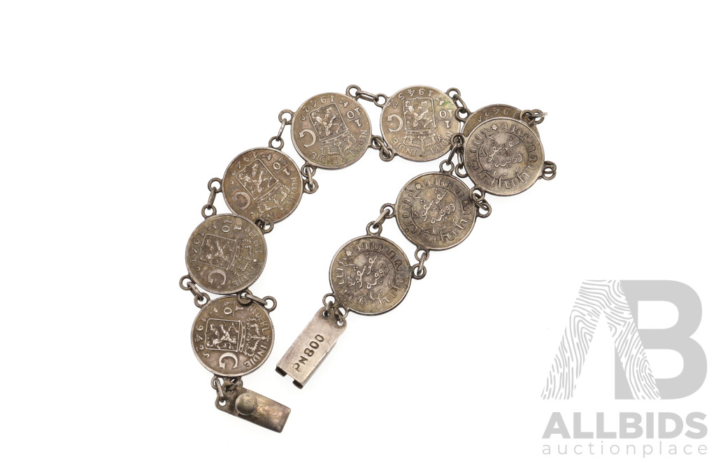 Netherland East Indies Gulden Vintage Coin Bracelet, Coins Dated 1941, 1942, 1945, 800 Silver, 19cm Long