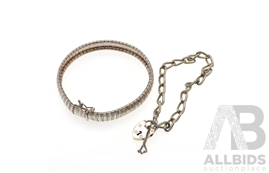 Sterling Silver Italian Flexible Snake Chain Bracelet, 19cm, with Vintage SS Heart Padlock Bracelet, 19cm, 29.92 Grams